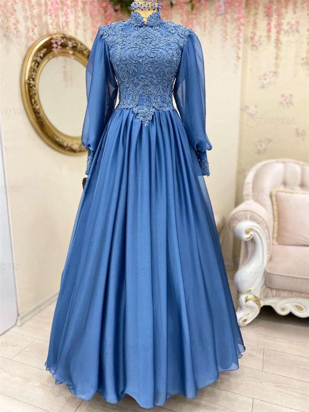 Elegant Blue Evening Dresses for Women Vestidos De Boda Invitada A-Line Lace Beaded Long Sleeves Muslim Formal Party Prom Blue