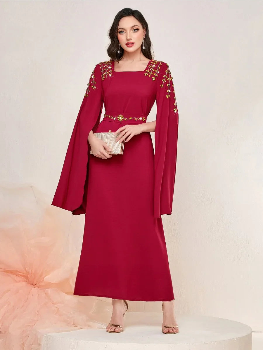 Dubai Fashion Chic Pure Handwork Diamonds Evening Party Gown Super Long Sleeve Square Collar Belted Dress Arab Robe