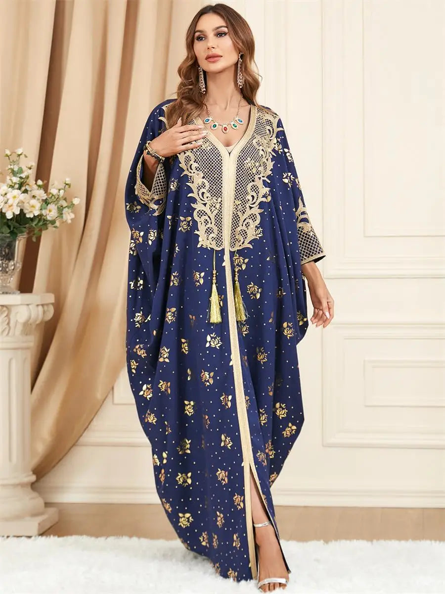 Kimono Abaya Dubai Luxury Dress Muslim Fashion Tassel Batwing Sleeve Casual Loose Moroccan Kaftan Women's Jalabiya Ramadan Navy Blue Abaya One Size