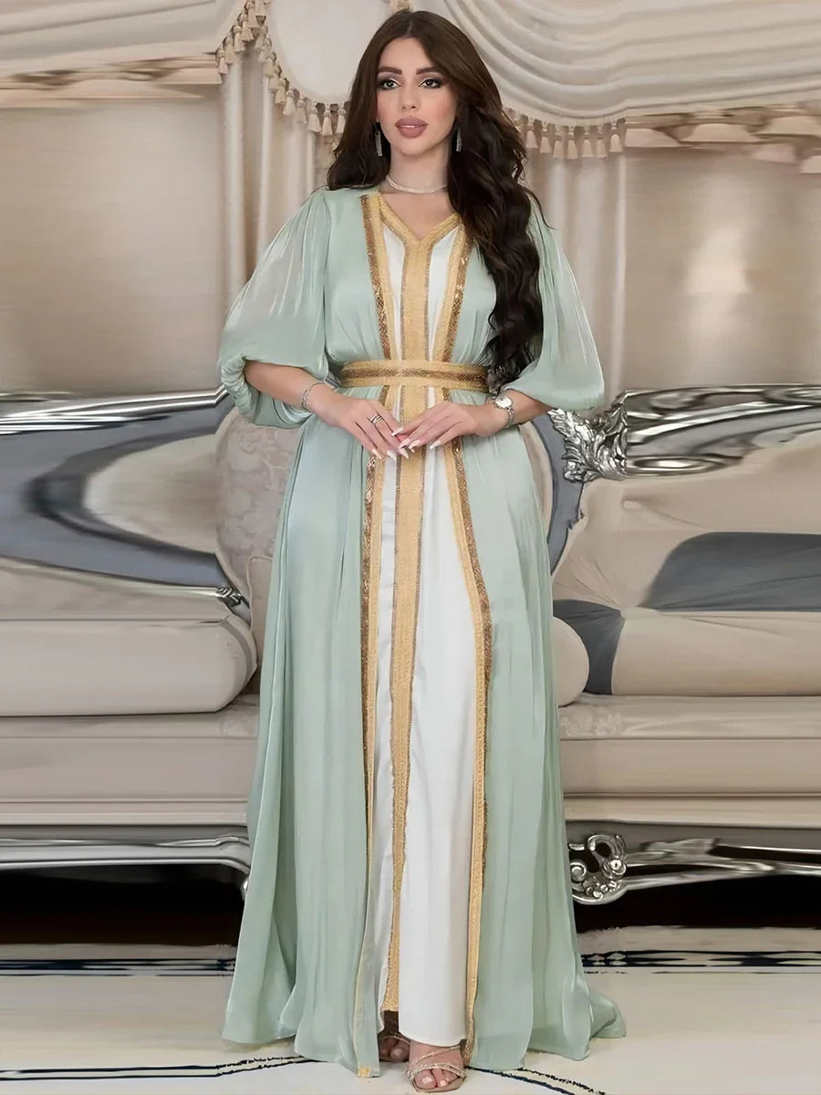 Moroccan Caftan Luxury 2022 Silk Satin Elegant Lantern Sleeve 3pcs Dress Diamonds Abaya Muslim Sets Ramadan Dresses For Women Green Abaya