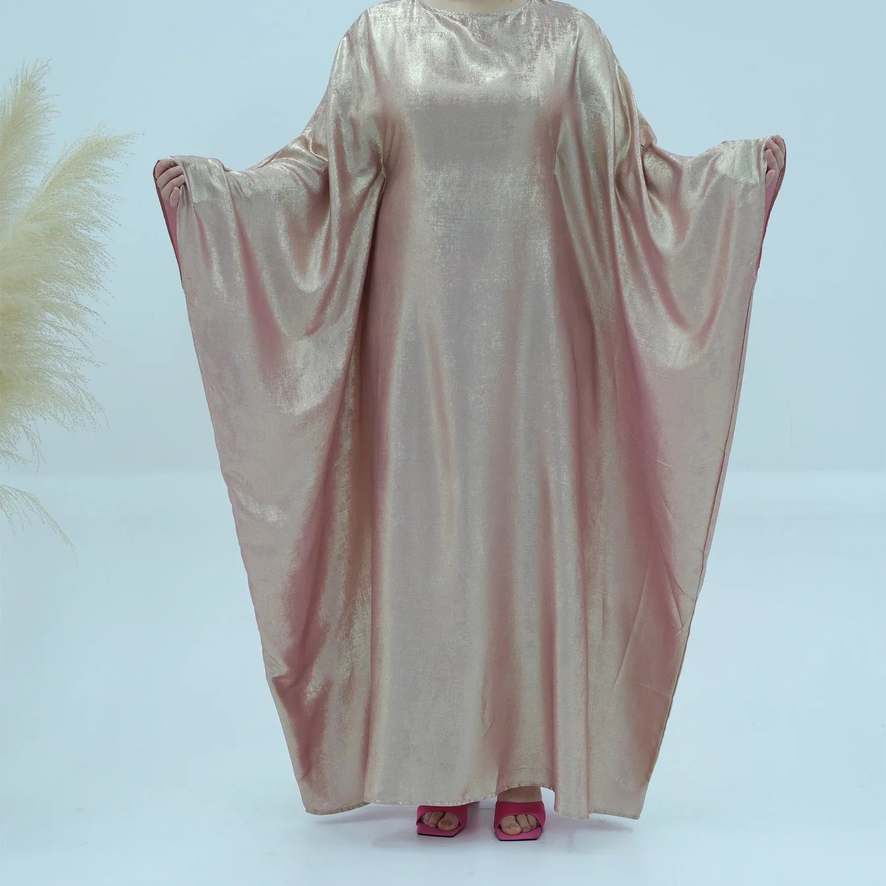 Kaftans Farasha Abaya Dress Shiny Thin Fabric Islamic Clothing Dubai Moroccan Caftan Muslim Women Ramadan Eid Evening Party Pink