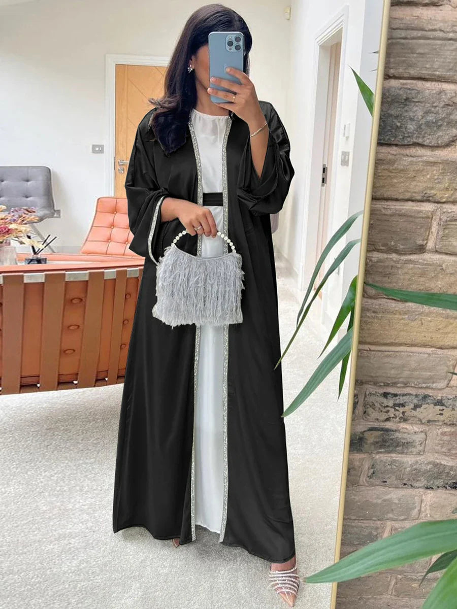 Open Kimono Dubai Abaya Chic Diamonds Solid Full Sleeve Cardigan Belted Clothing Elegant Casual Moroccan Women Caftan Black Abaya