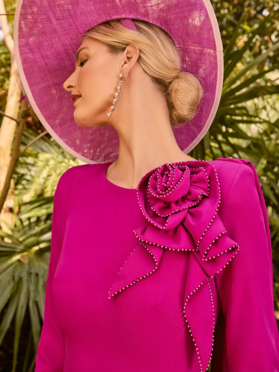 Party Gown for Mom of Groom Fuchsia Short Mother of The Bride Dress O Neck 3/4 Sleeves Flowers Knee Length Guest Gown Wedding