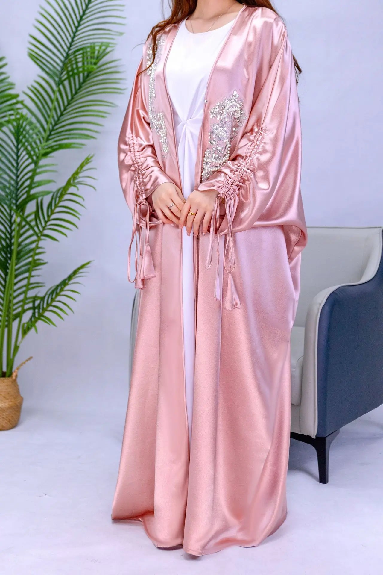 Elegant Women Muslim Satin Beading Open Abaya Kimono Long Maxi Dress Turkey Dubai Eid Party Kaftan Arabic Robe Morocco Jalabiya 04 Pink One Size