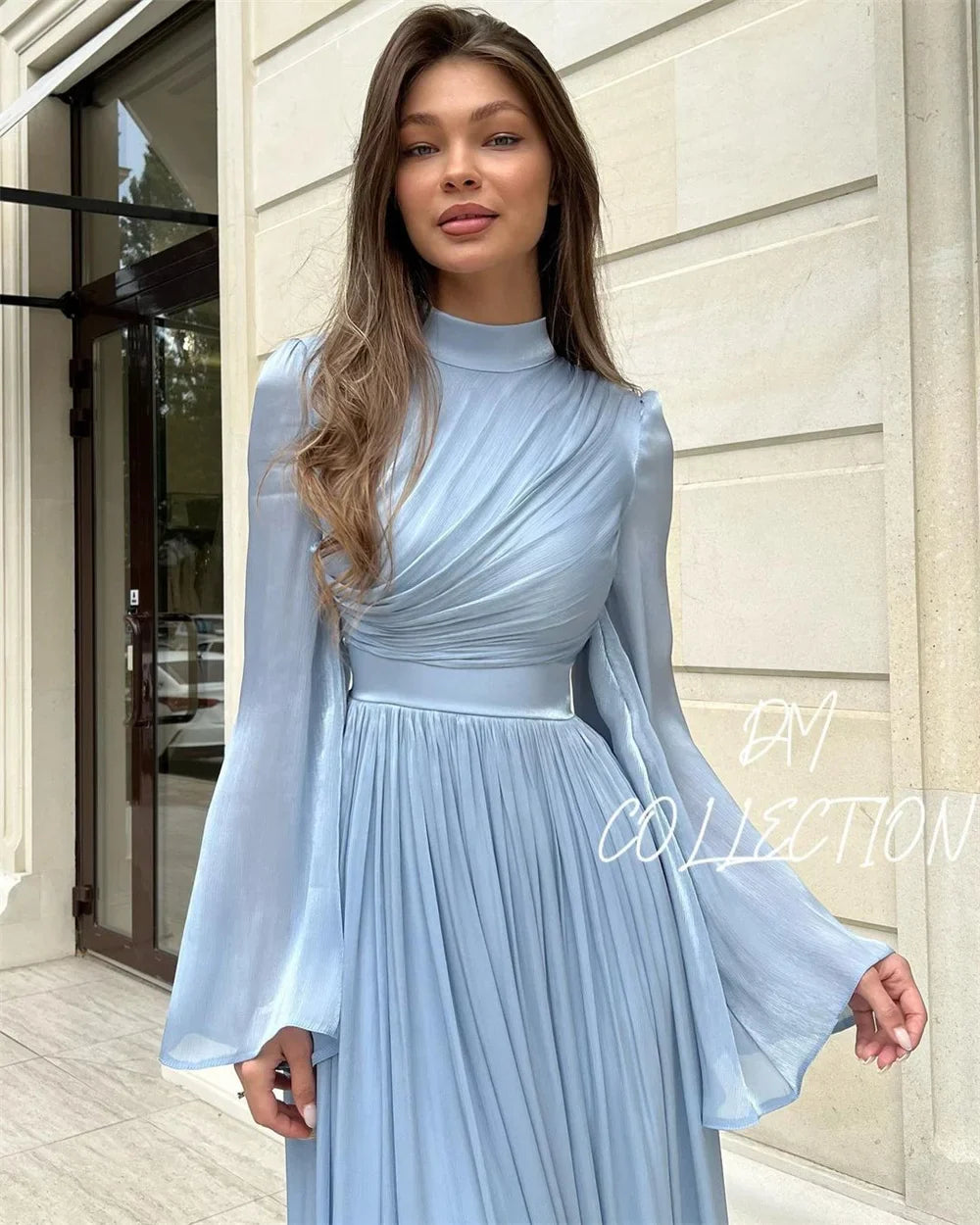 Light Blue Prom Dresses High Neck Modest A-line Wedding Dress Elegant Long Sleeves Chiffon Pleats Vestidos De Fiesta