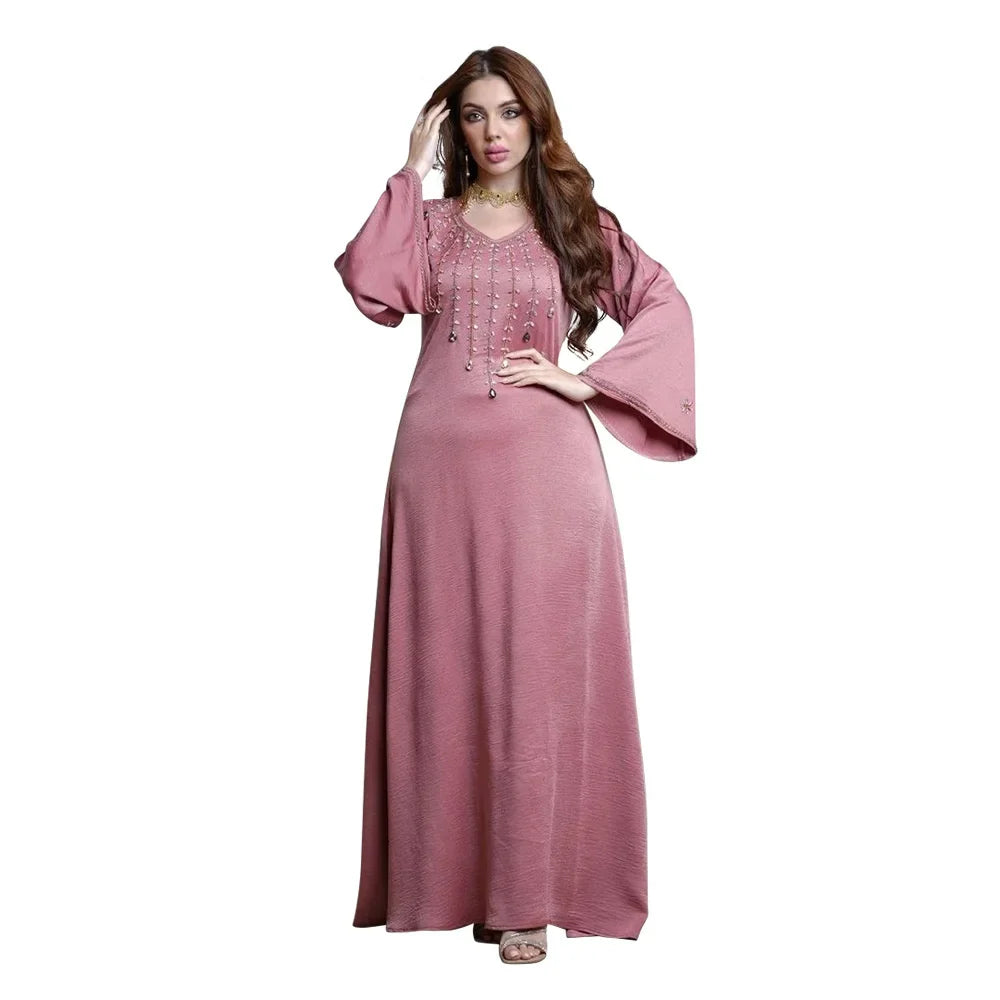 Muslin Dress Dubai Turkey New Dress Flare Sleeve With Diamond V-neck Loose Robe Ramadan Middle East Long Dress Elegant Evening Pink