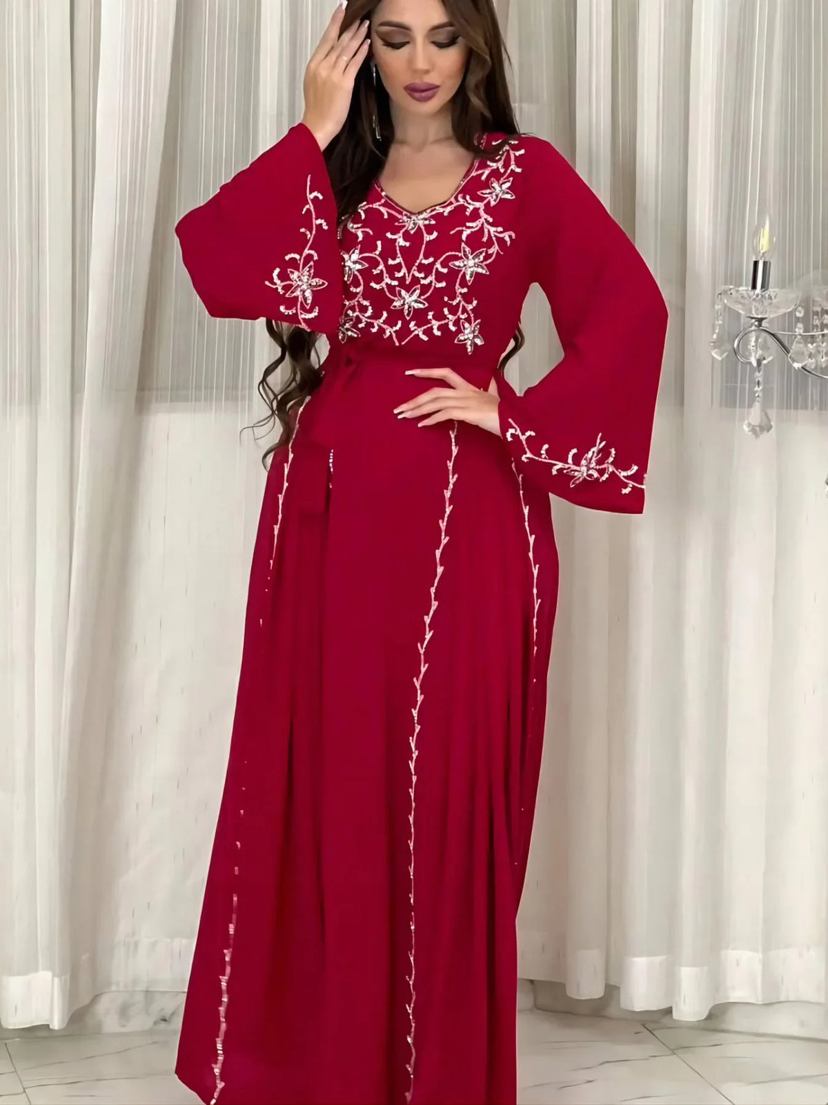 Dubai Embroiled Applique Dress Museum Elegant Party Dinner Robe Abaya Turkey Middle East Caftan For Party Wedding Women Clothing tab red