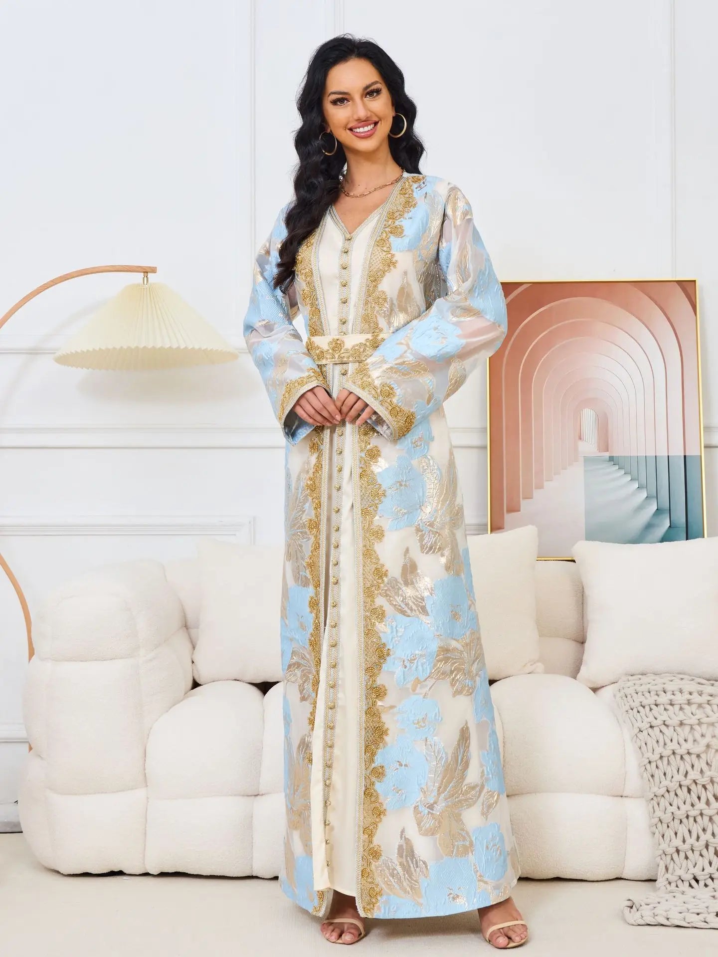 Moroccan Caftan 2 Pieces Set Muslim Dubai Abaya Kaftan For Wedding Women's 2023 New Flower Pattern Museum Long Dress Clothing light blue