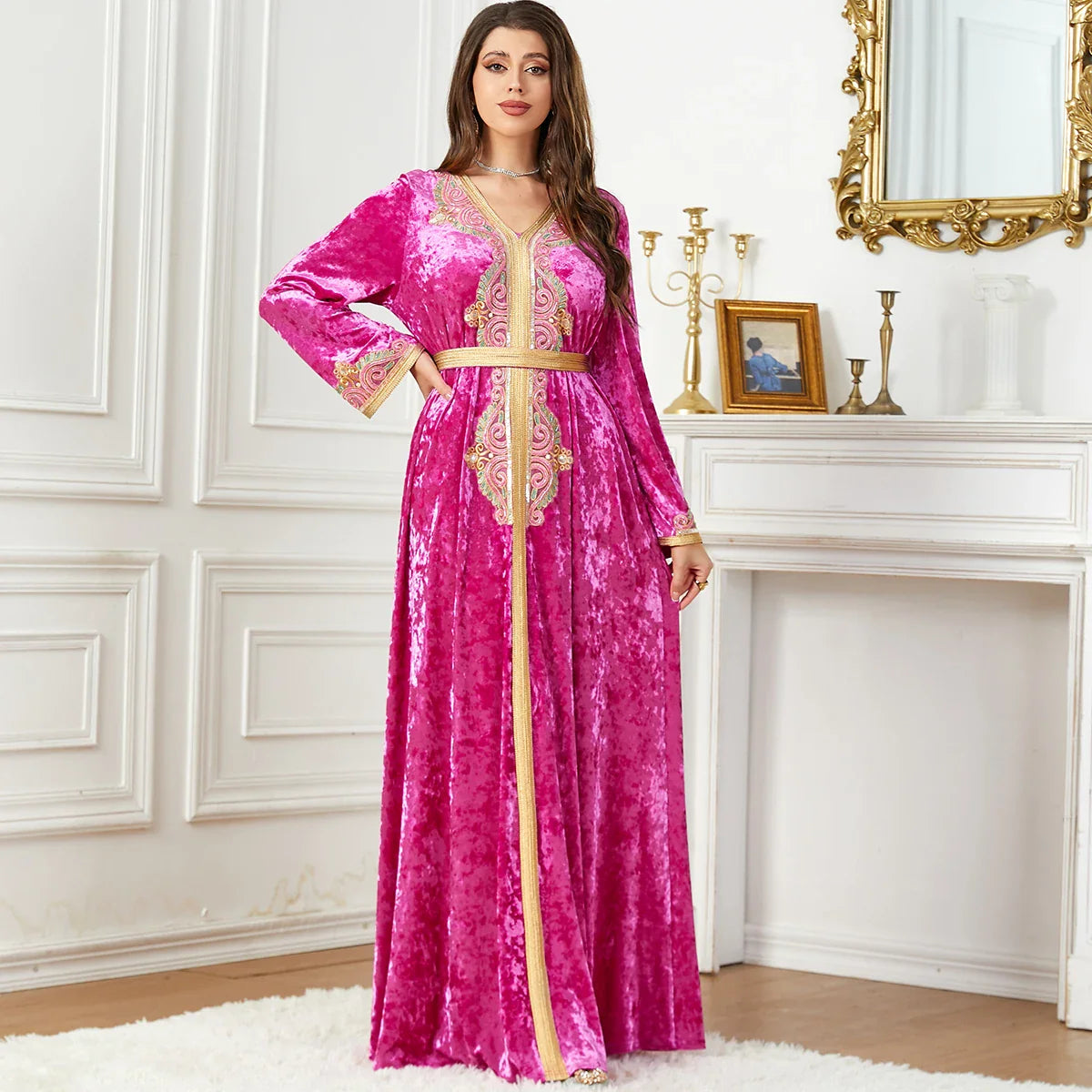 Velour Kaftan Dress Dubai Moroccan Arabic Evening Party Gown Winter Abaya Islamic Clothing Embroidery Appliques Muslim Women Rose Pink