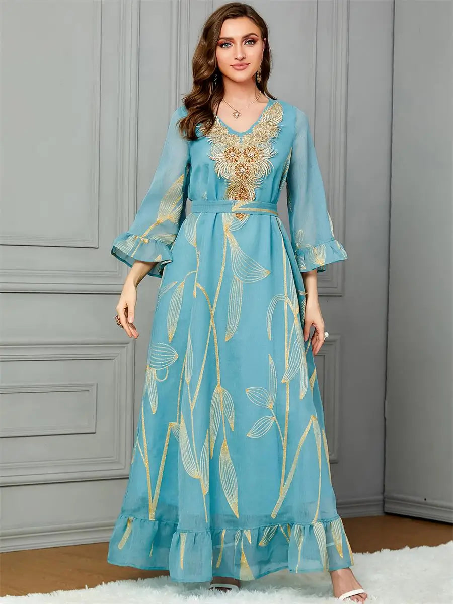 Fashion Floral Sequins Gold Embroidery Guipure Lace Dress With Sashes Flare Sleeve V-Neck Elegant Robe For Dubai Women Green Dress