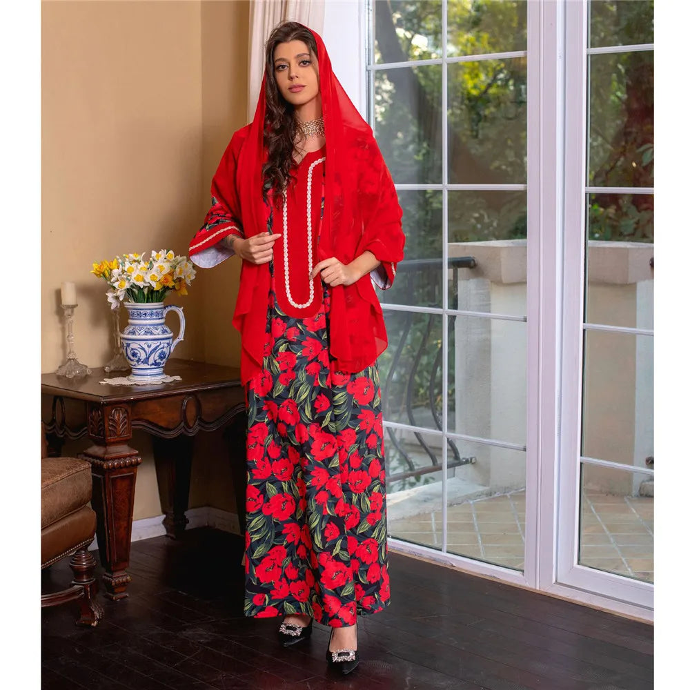 Moroccan Jalabiya 2024 Women Abaya Muslim Hijab Dress Vintage Floral Print Kaftan Ramadan Dubai Modest Dresses Party Arabic Gown ESB014-1Red