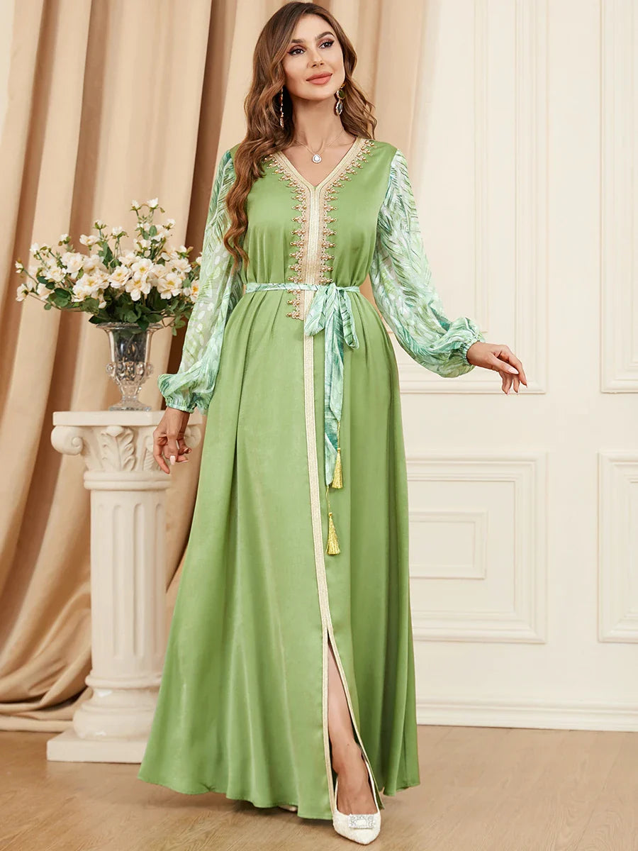 Elegant Muslim Maxi Dress for Women Refreshing Mint Green Summer Abaya Ethnic Golden Ribbon V Neck Beaded Long Sleeve Jalabiya Mint Green Dress