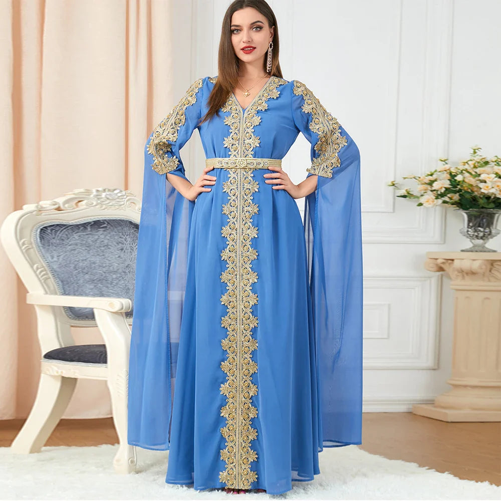 Chiffon Arabic Dresses for Women Extra Long Sleeve Moroccan Kaftan Embroidery Appliques Evening Party Islamic Kaftan Ramadan Sky Blue