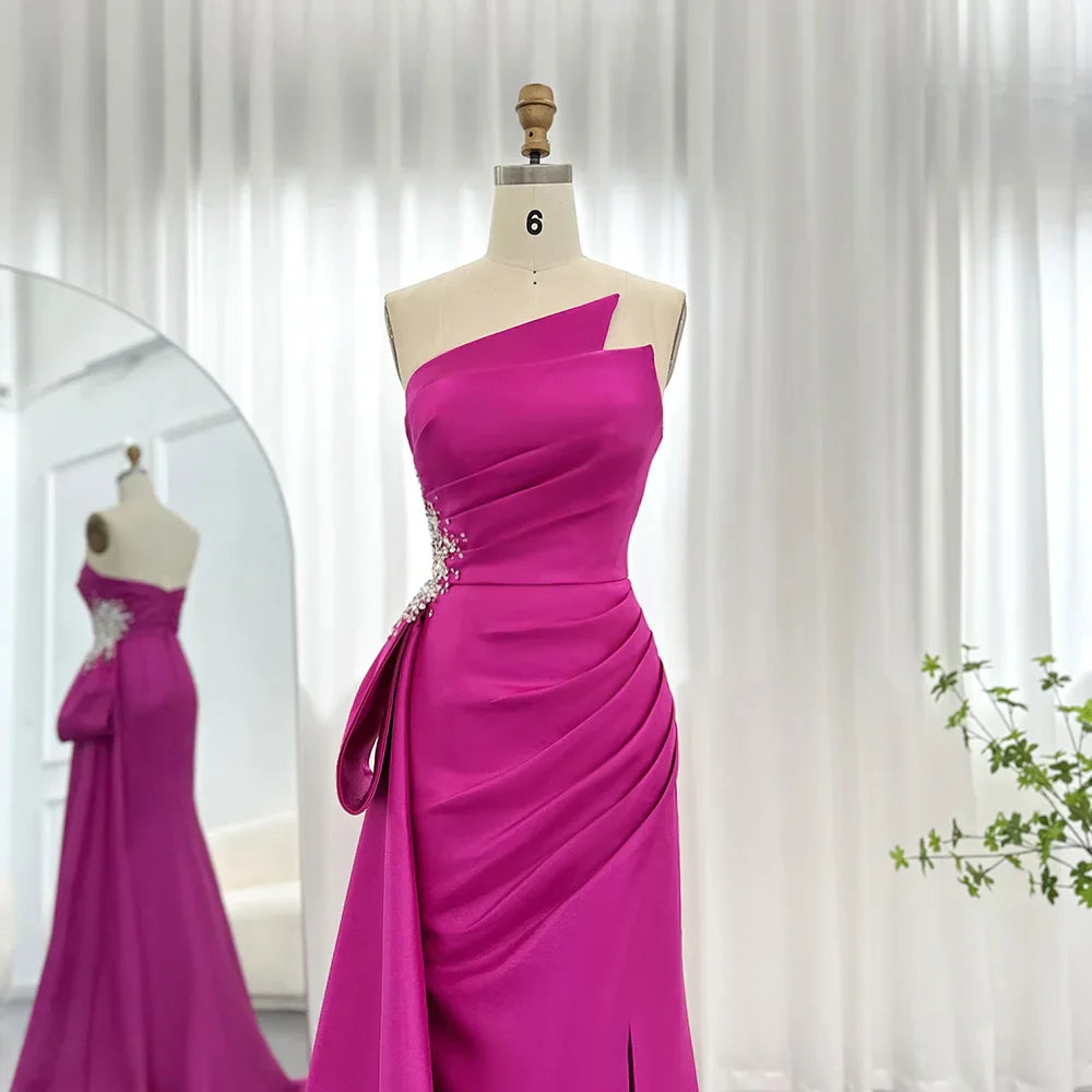 Elegant Mermaid Long Fuchsia Evening Dresses Arabic Overskirt Side Slit Women Wedding Formal Party Gowns SS402