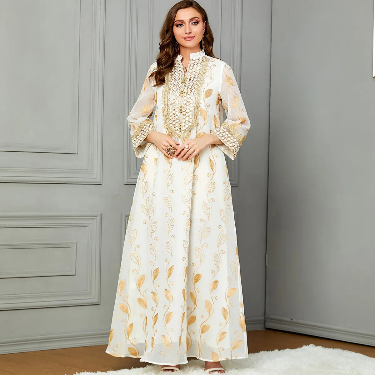 Arab Dubai Mesh Embroiled Dress Museum Fashion Party Evening Dress Women's Wear Abaya Dubai Luxury Kaftan Islam Dresses Summer Cream