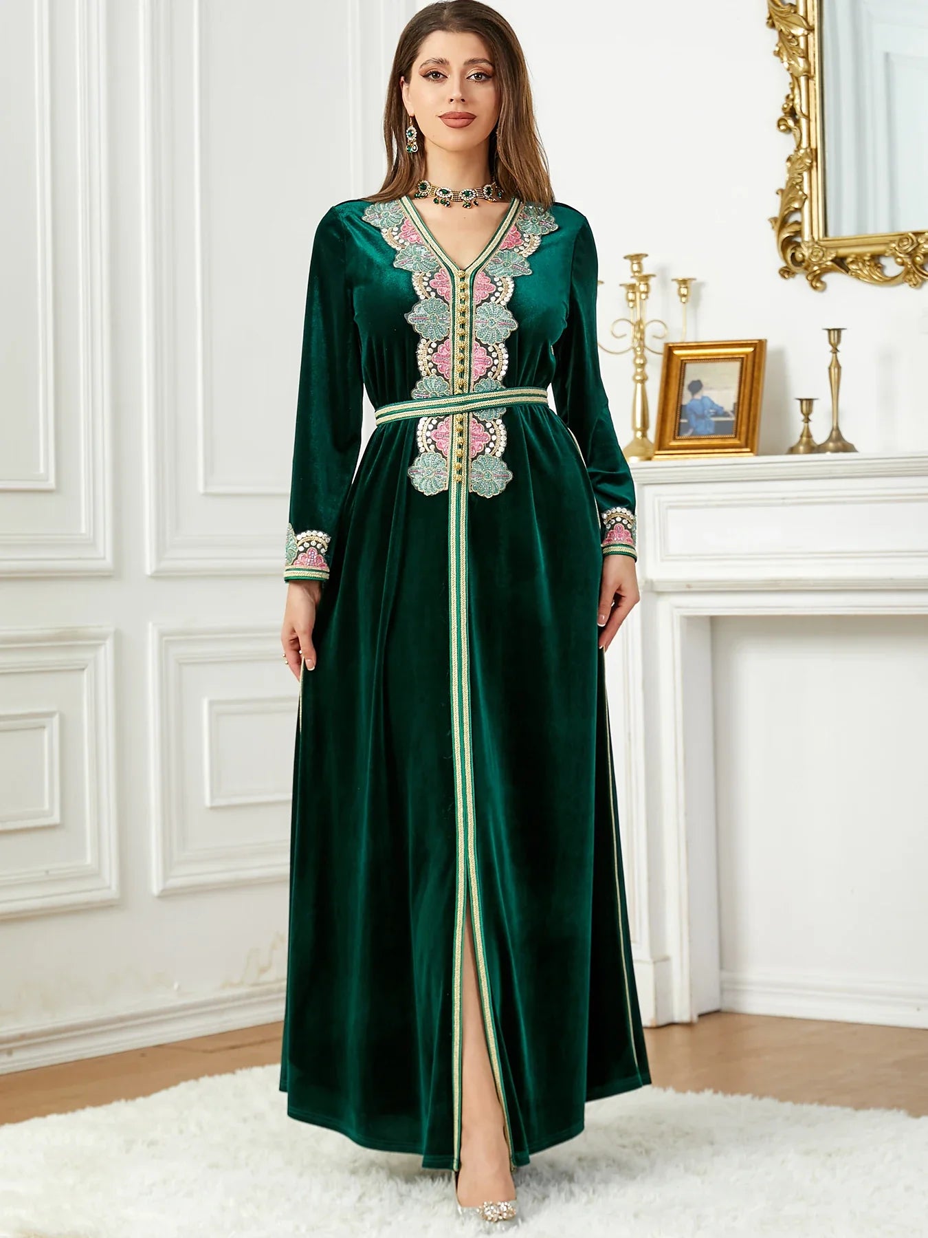 Winter Abaya Floral Appliques Velour Belted Arabic Dress Dubai Moroccan Islam Clothing Evening Party Muslim Women Kaftan Ramadan