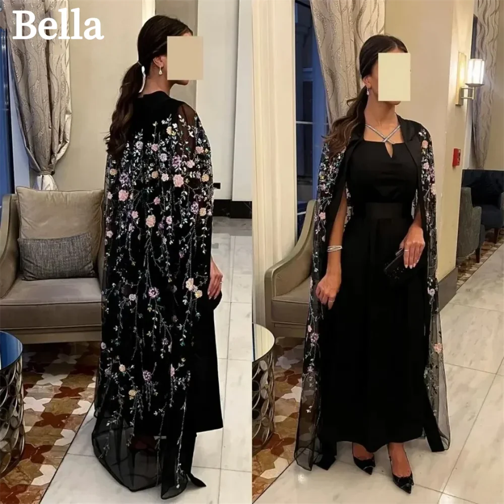 Black Satin Prom Dresses Two Layers A-line Evening Dress Elegant Detachable Shawl Satin Family Gather Vestidos De Fiesta as pic