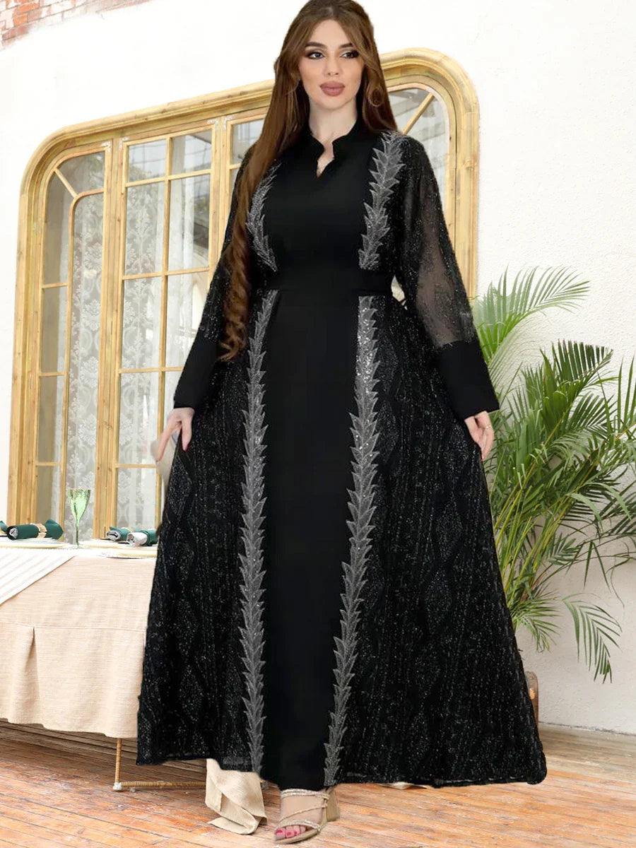 Dubai Turkish Ethnic Floral Embroidery Sequins Belted Evening Gown Eid Al-Adha Saudi Arab Djellaba Clothing Ramadan Eid Black Dress