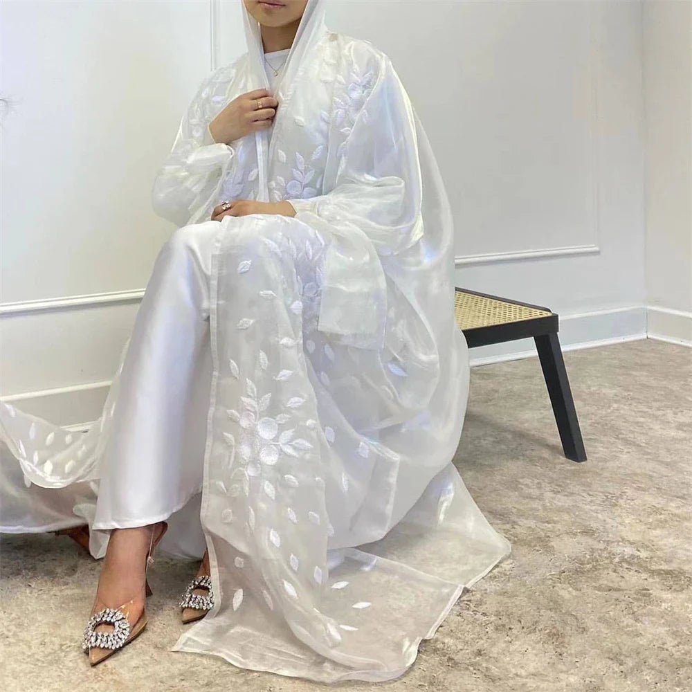 White Embroidery Shiny Women Muslim Open Abaya Maxi Dress Turkey Kaftan Dubai Saudi Eid Ramadan Kimono Puff Sleeve Gown Jalabiya