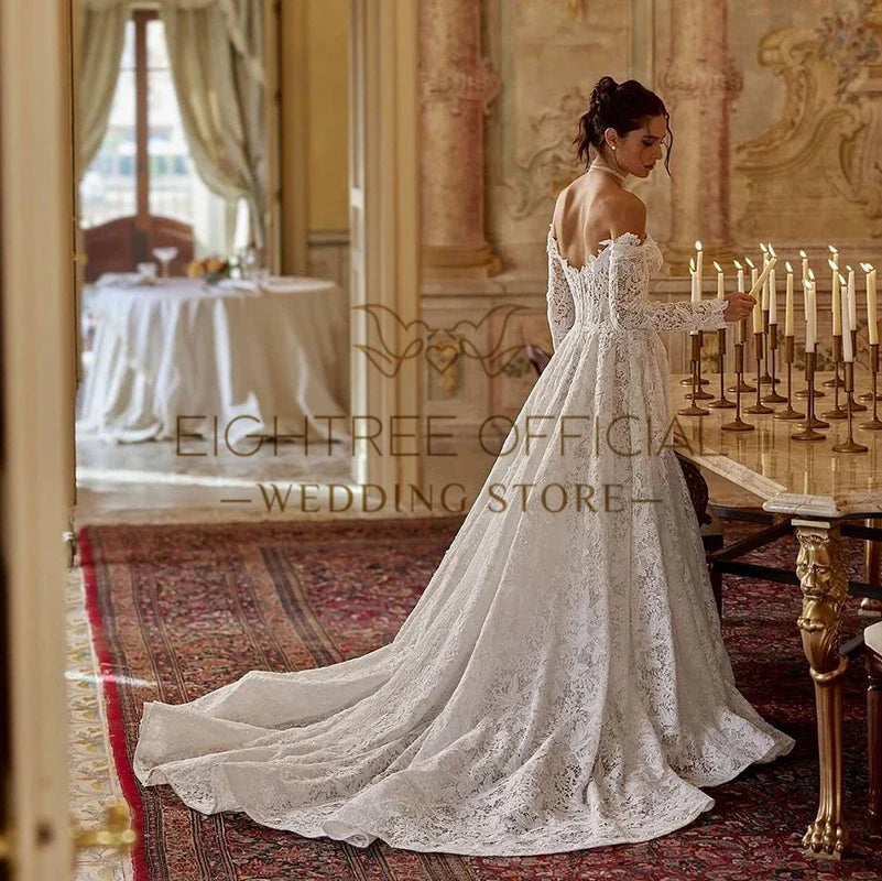 Women Princess Wedding Dresses Long Sleeves Lace Appliques Long Bridal Dress Formal Wedding Ball Prom Gowns Customized