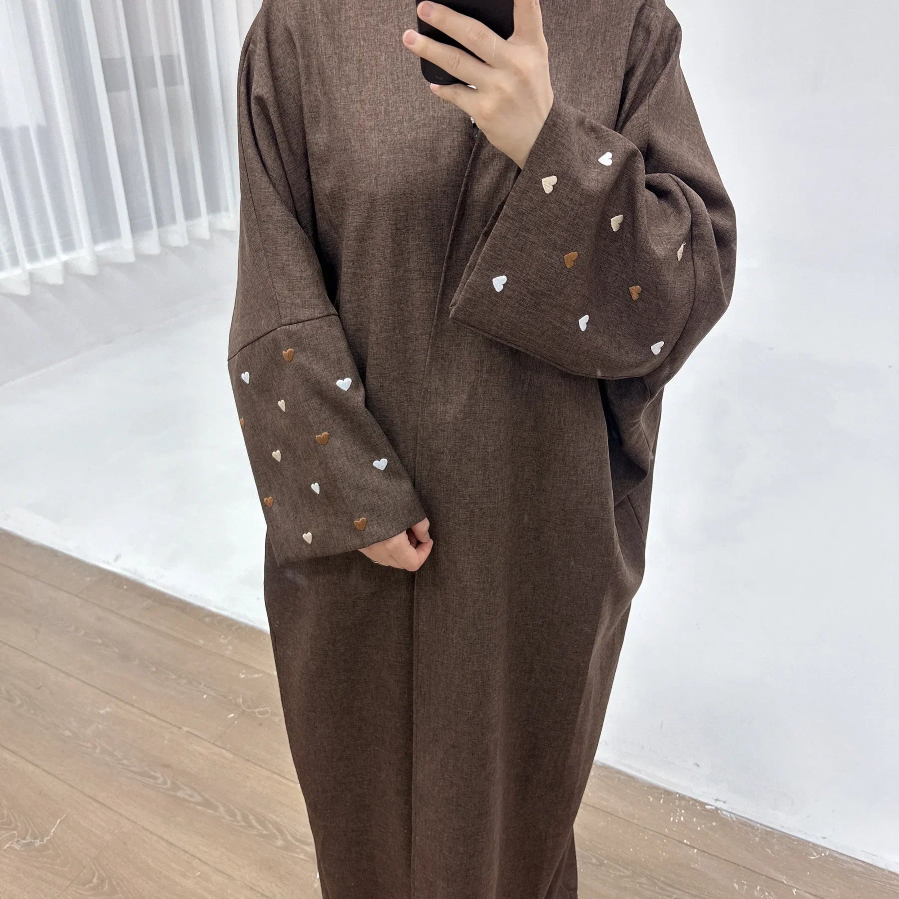 Dubai Abaya Open Cardigan Love Embroidery Women Muslim Dress Kimono Ramadan Eid Turkey Islam Kaftan Arabic Robe Caftan Jalabiya 05 Coffee