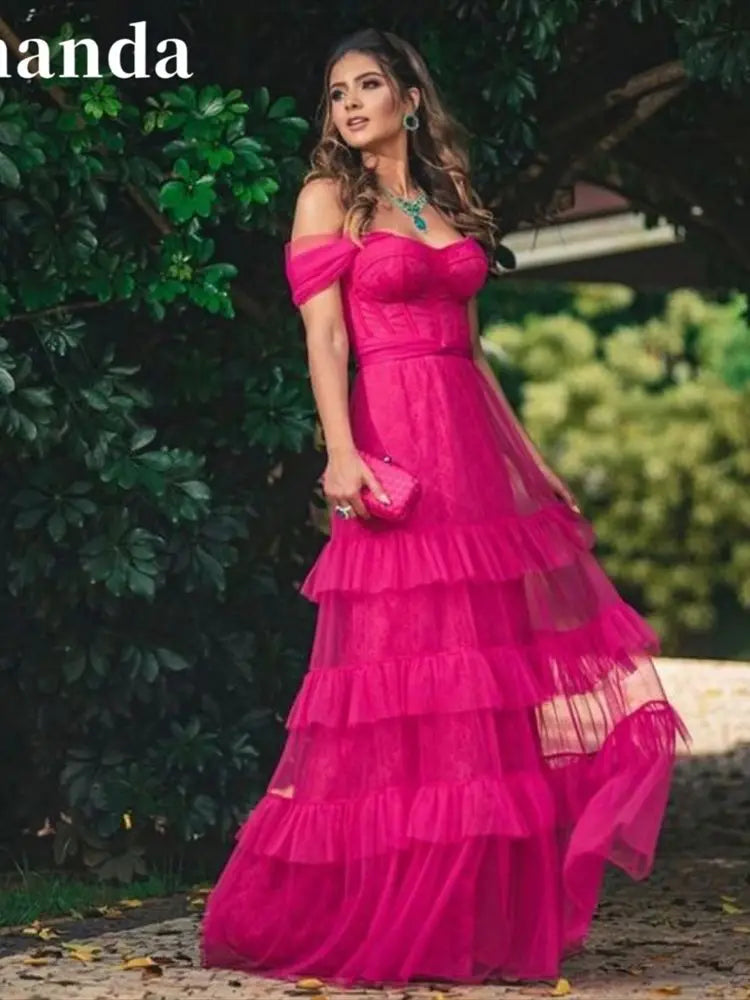 Fuchsia Tulle Gown A-line Multilayer Prom Dress Elegant Off Shoulder Party Dress Sweetheart فساتين مناسبة رسمية fuchsia