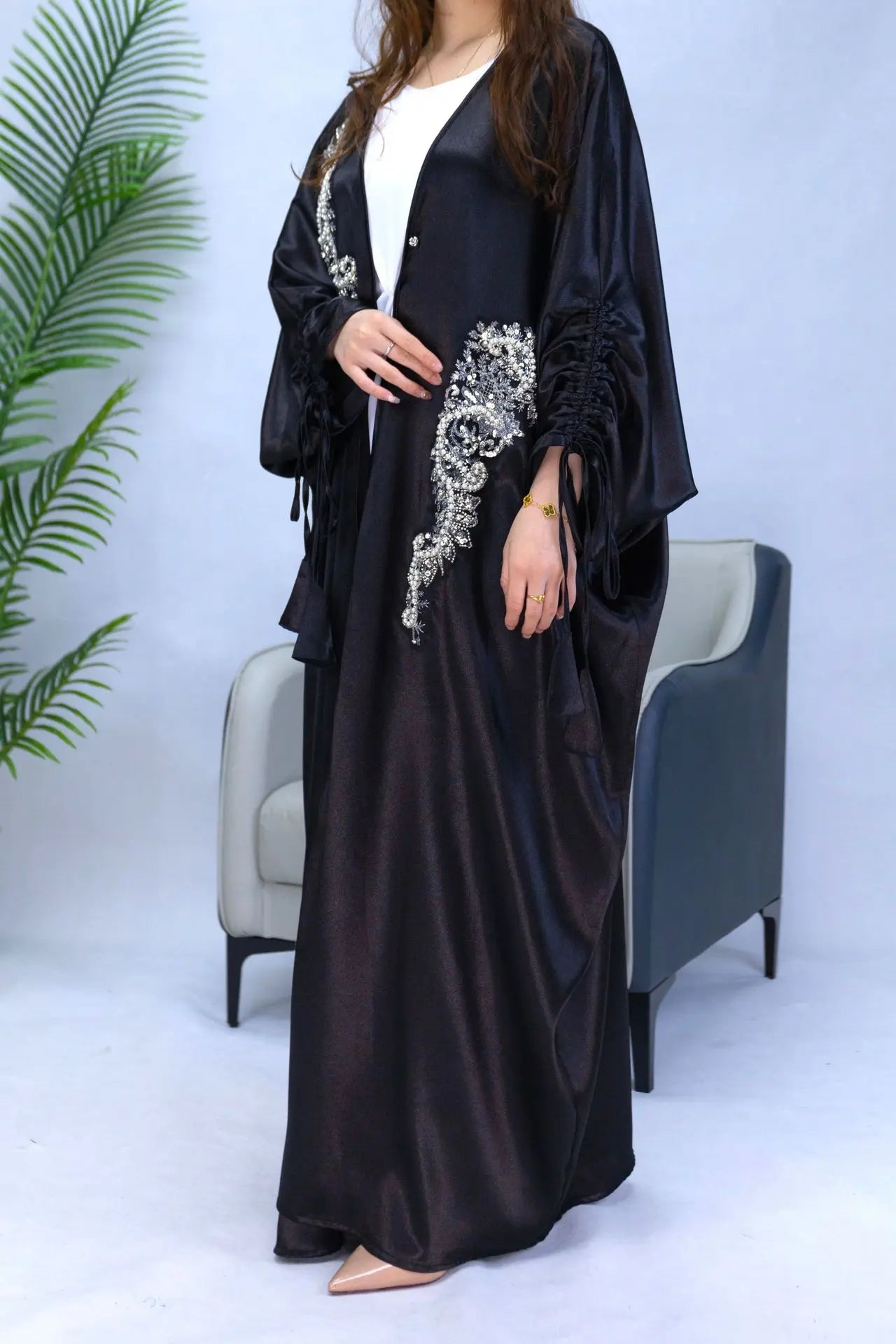 Elegant Women Muslim Satin Beading Open Abaya Kimono Long Maxi Dress Turkey Dubai Eid Party Kaftan Arabic Robe Morocco Jalabiya 03 Black One Size