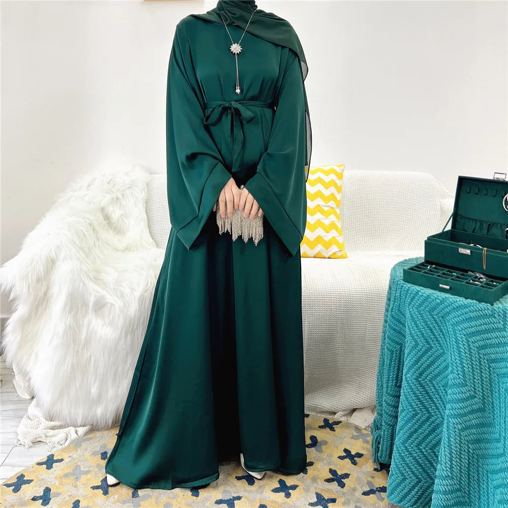 Elegant Shiny Satin Abaya Modest for Women Muslim Eid Dress Ramadan Kaftan Arabic Long Robe Dubai Femme Islamic Jalabiya Vestido 08 green