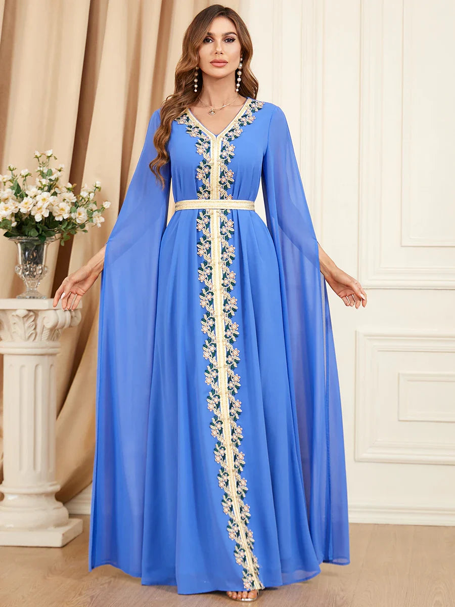 Muslim Dress 2023 Dubai Caftan Women Basic Solid Lace Tape Super Full Sleeves V-Neck Sashes Moroccan Islam Abaya Blue Dress