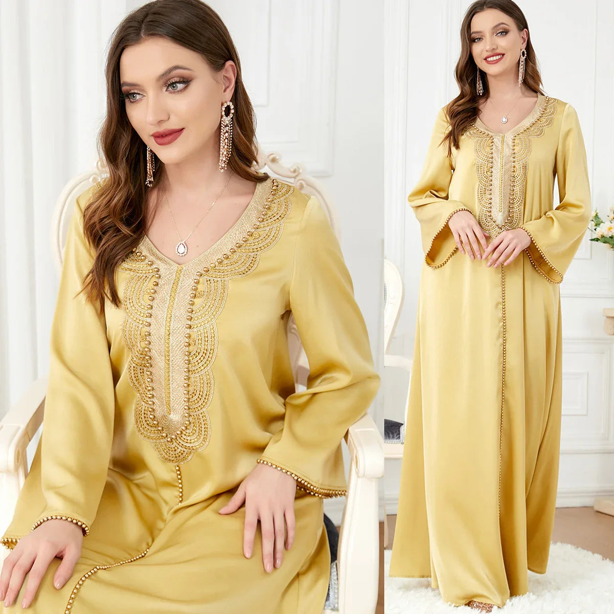 Abaya For Women Ramadan Dubai 2023 Arab Apparel Women's V-neck Beaded Long Sleeve Fashion Dress V-neck Embroidery Long Dress