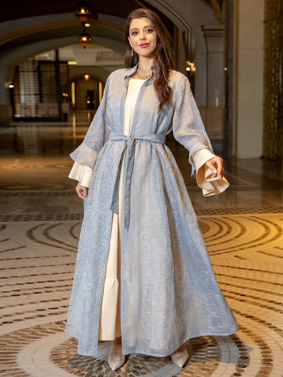 Muslim Evening Dress Set for Women Chic Ruffle Sleeve Embroider Kimono Abaya &Inner Vest Middle Eastern Dubai Turkey Party Robe Light Blue Set