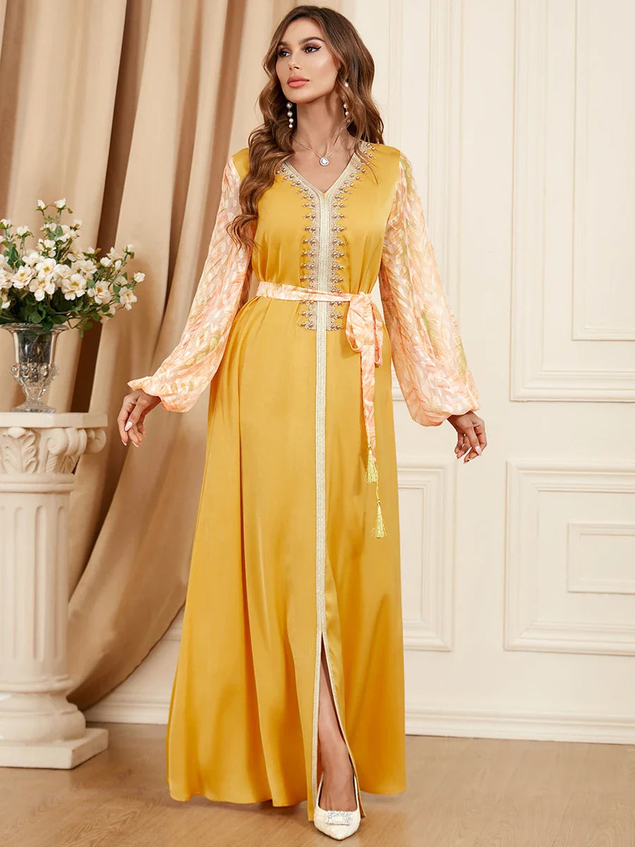 Dubai Dress Abaya For Party Muslin V-neck Kaftan Eid Mubarak Long Dress Turkey Muslim Moroccan Caftan Fashion Evening Dress Yellow