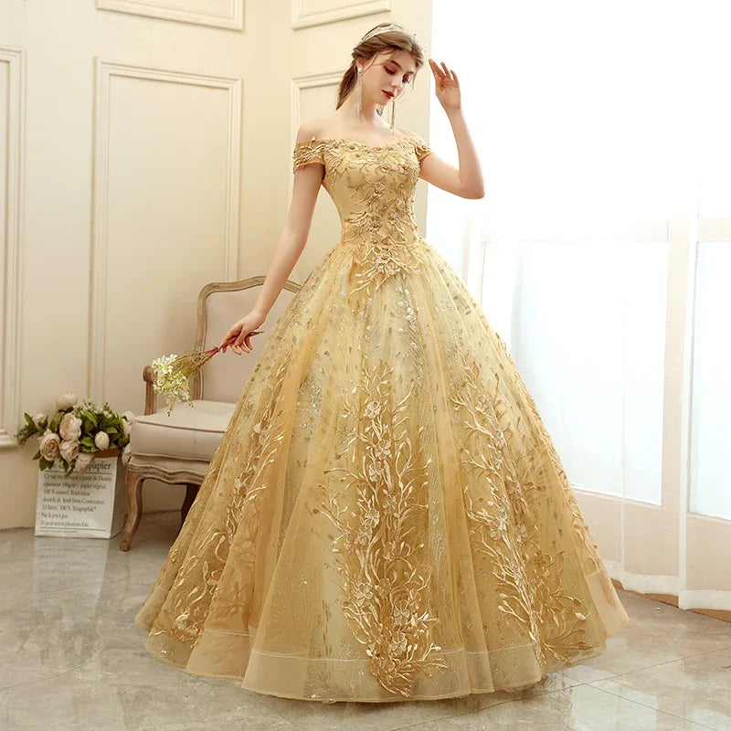 Off The Shoulder Party Gold Quinceanera Dress 2024 New Prom Dress Ball Gown Vintage Lace Quinceanera Gown Custom Plus Size as photo