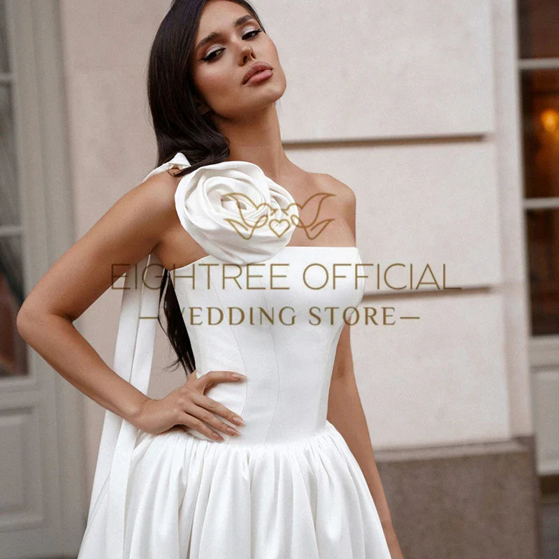 White Short Wedding Dresses One Shoulder Tea Length Flower Bridal Dress Formal Evening Wedding Prom Gowns Customized