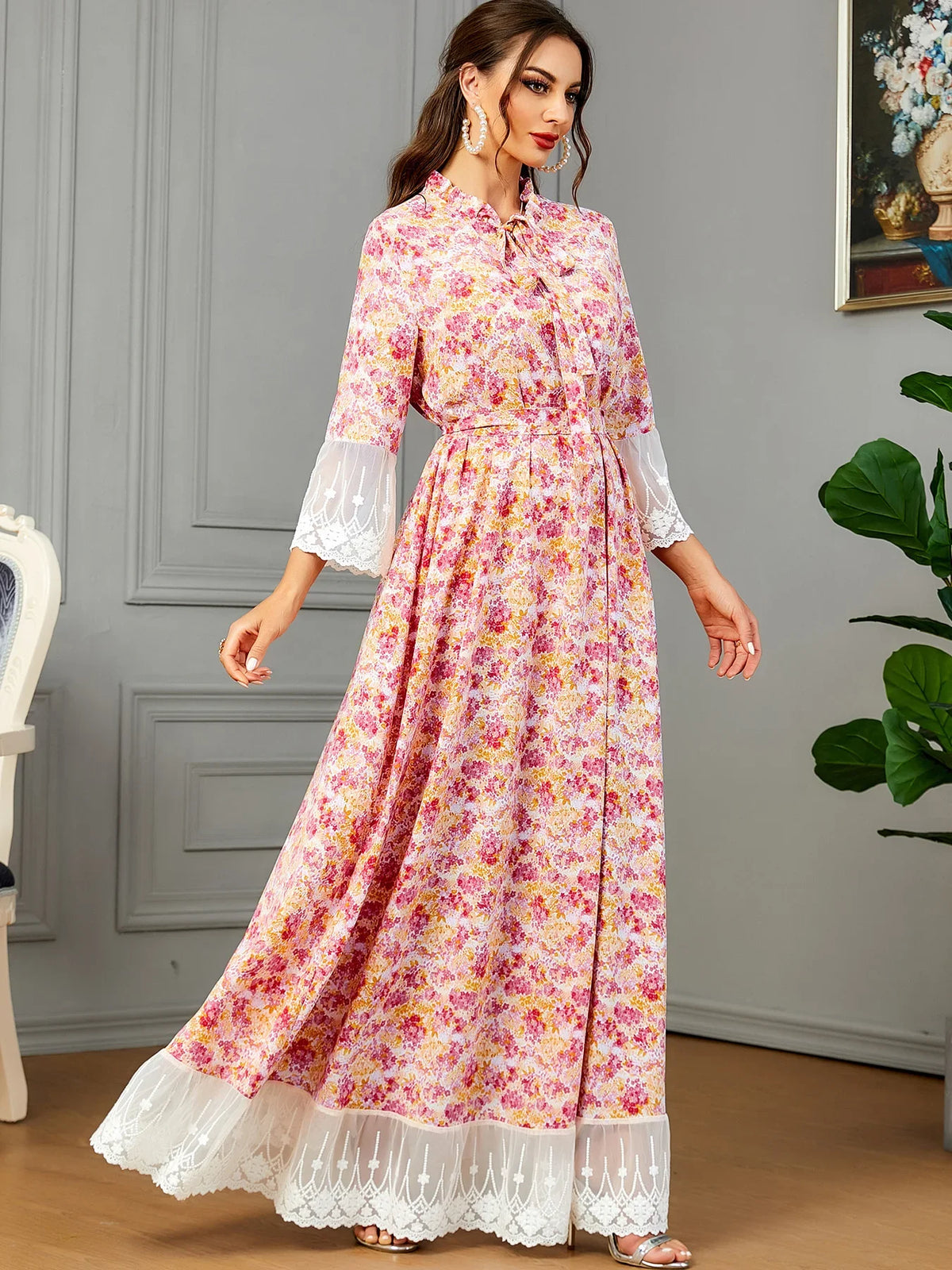 Floral Print Women' Long Dress Tie Front Ruffles Collar White Embroidered Lace Trimming Sweet Style Party Evening Robe Hijabi Orange