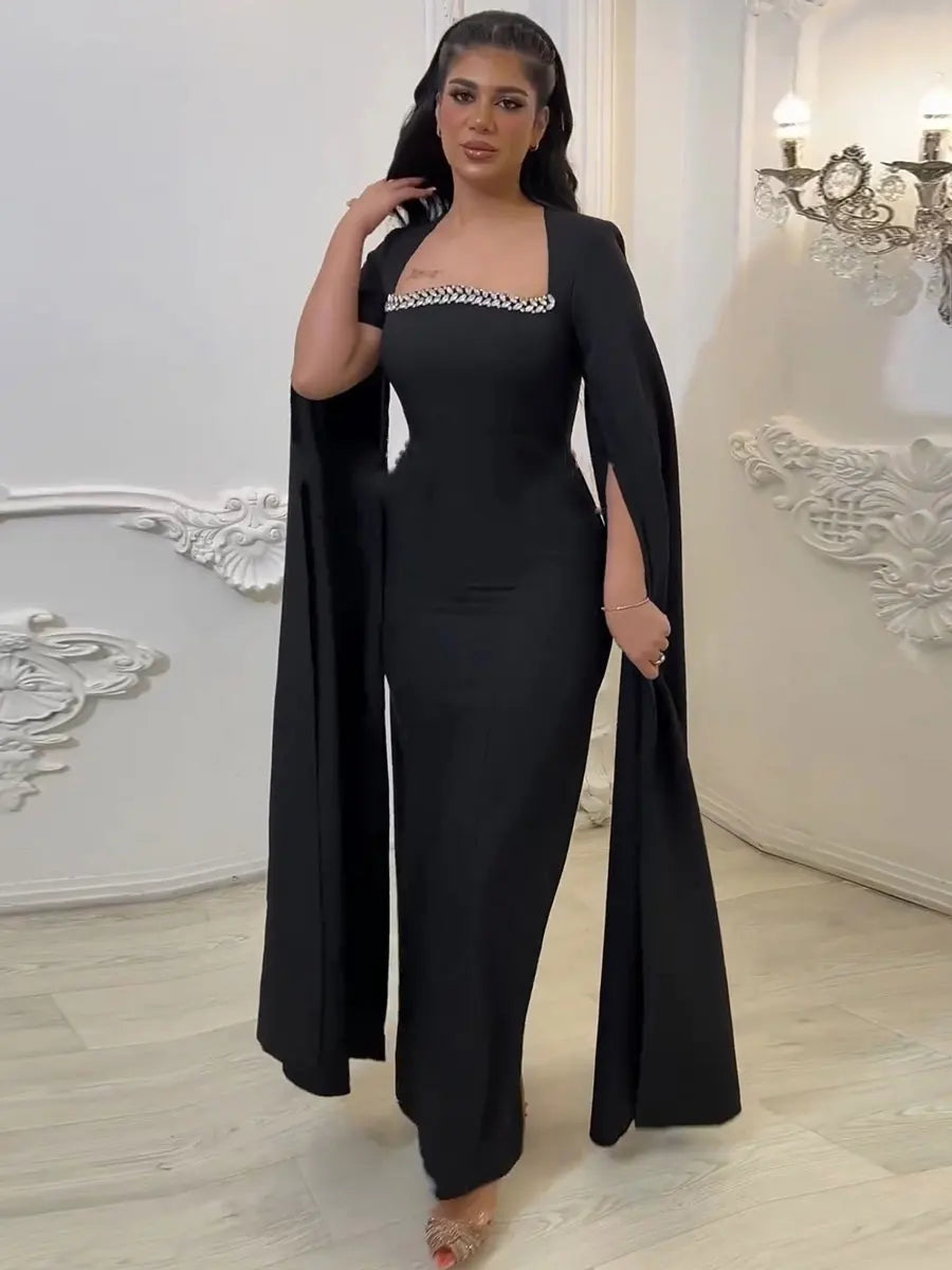 Dubai Turkish Solid Luxury Diamonds Women Gown Arab African Abayas Super Long Sleeve Evening Party Dress Saudi Clothing Black Dress