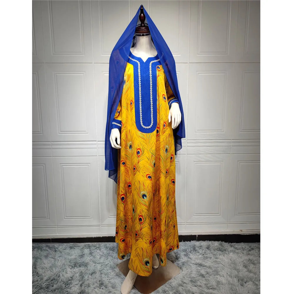 Moroccan Jalabiya 2024 Women Abaya Muslim Hijab Dress Vintage Floral Print Kaftan Ramadan Dubai Modest Dresses Party Arabic Gown ESB001Yellow