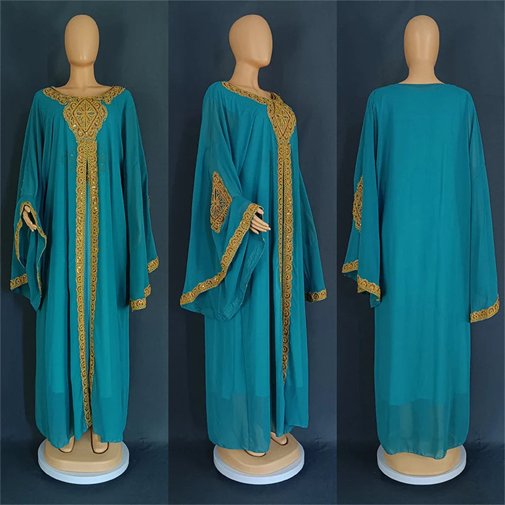 Two Piece Set Dress African Dresses for Women 2024 Traditional Gold Embroidery Clothing Islam Kaftan Abaya Musulman Robe Femme 05 Royalblue One Size