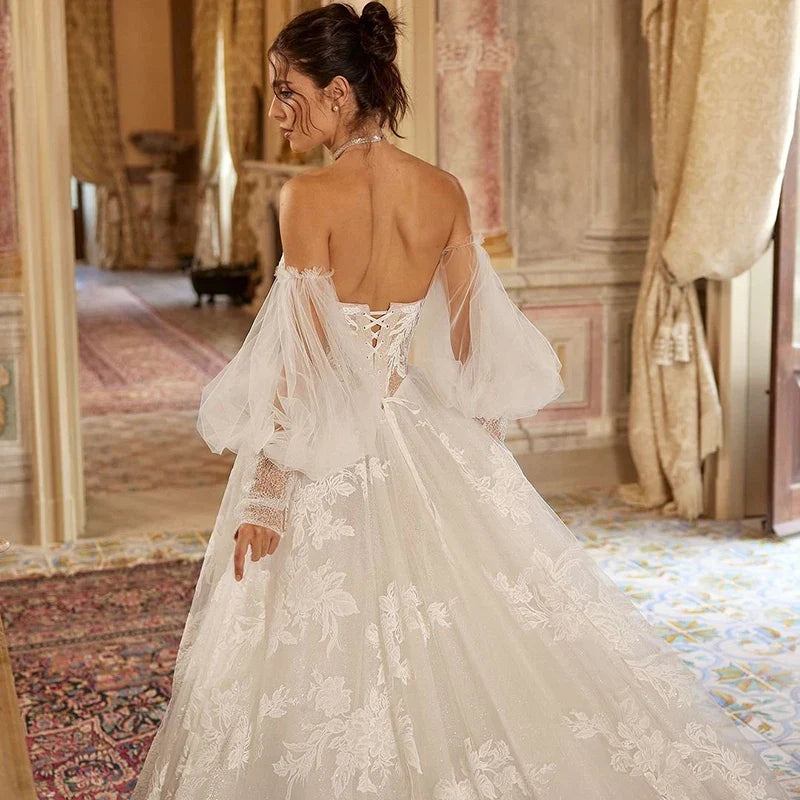 Women A-Line Wedding Dresses Sweetheart Puff Sleeve Applique Bridal Dress Formal Wedding Princess Prom Gowns Customized
