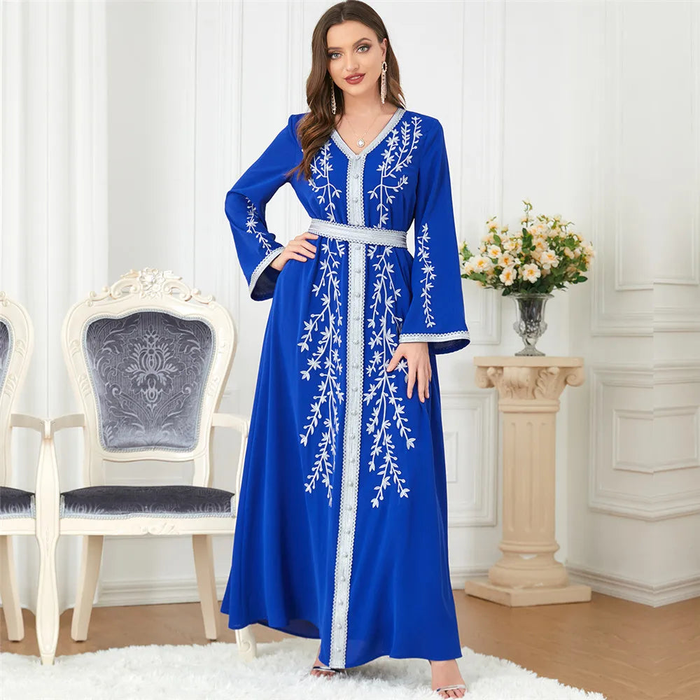 Eid Mubarak Muslim Embroidery Abayas For Women Maxi Dress Turkey Arabic Islam Moroccan Evening Party Jalabiya Caftan Gown Kaftan Blue