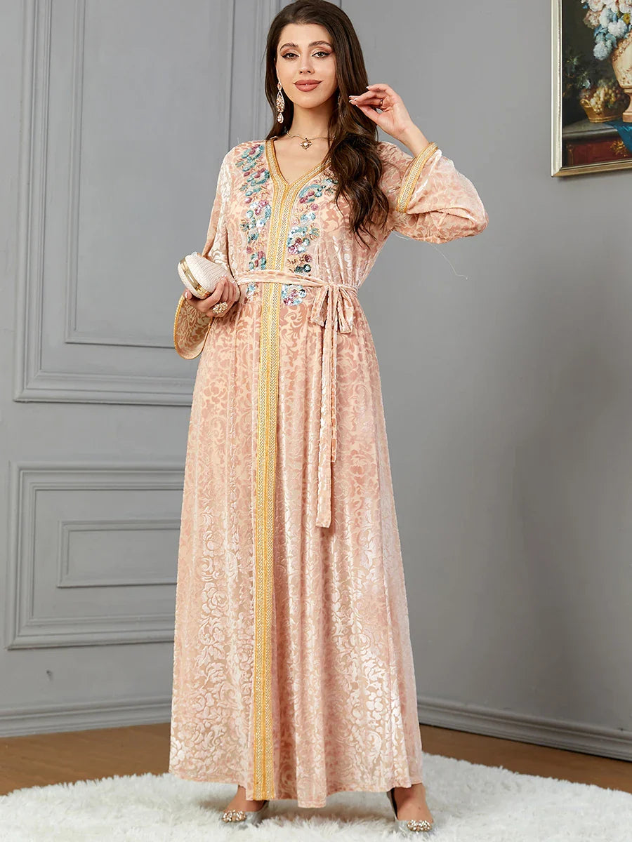 Dubai Autumn Winter Velvet Sequins Belted Evening Party Dress Jalabiyat Moroccan Caftan For Women Saudi Muslim Gown Pink Dress