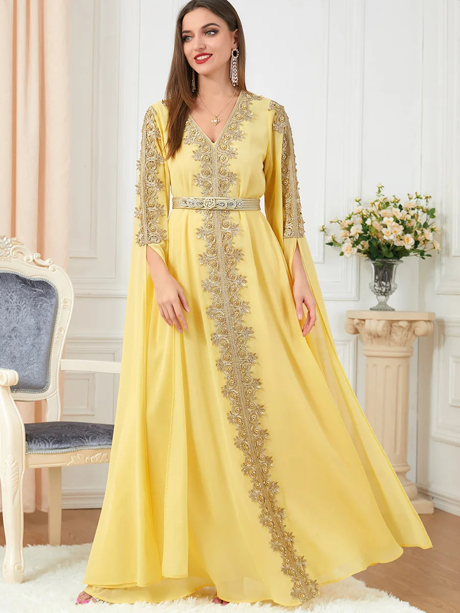 Ramadan Abaya Muslim Woma V-Neck Long Sleeve Chiffon Dress Floral Embroidery Lace Panel Belted Robe Moroccan Caftan Turkey Yellow Abaya