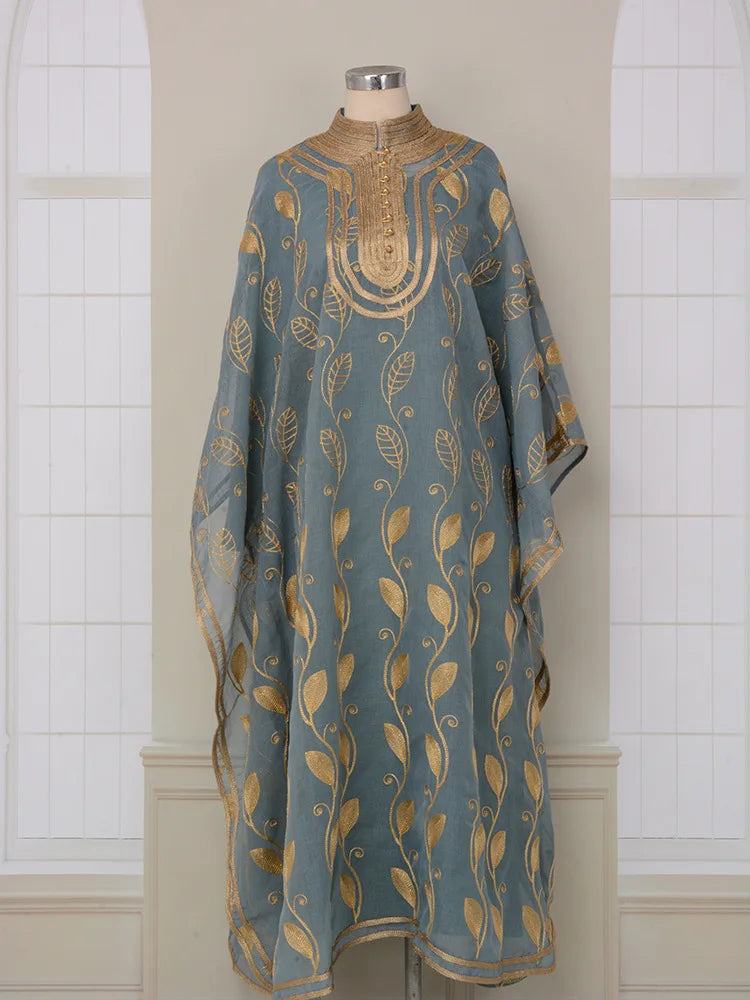 Leaf Embroidered Moroccan Kaftan Dress Dubai Kuwaiti Jalabiya Evening Party Islamic Caftan 2 Piece Set Ramadan Eid Muslim Abaya Light Blue