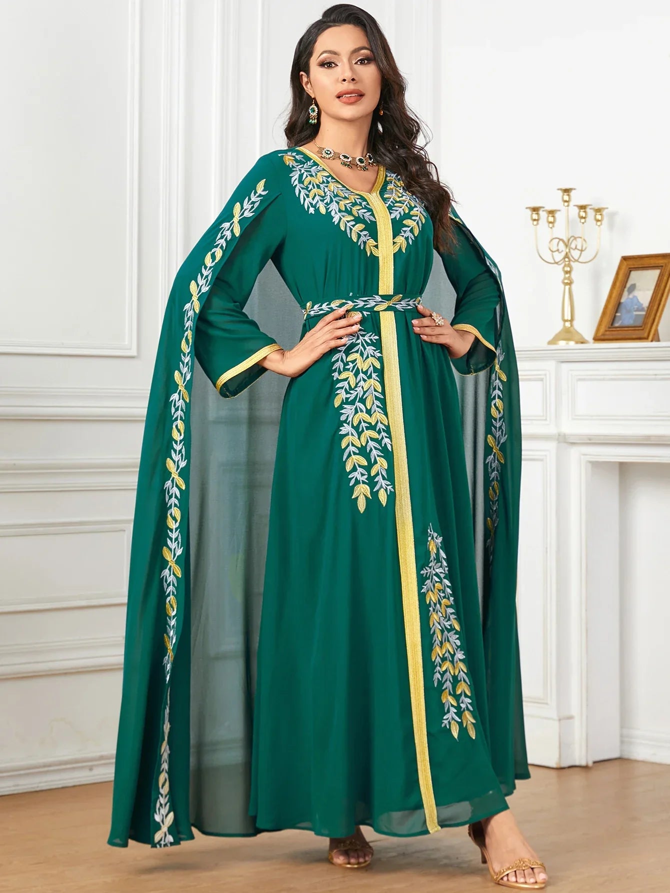 Eid Embroidery Party Dress for Muslim Jalabiya Abaya with Cloak Ramadan Long Dresses Abayas Robe Caftan Vestidos Largos Green