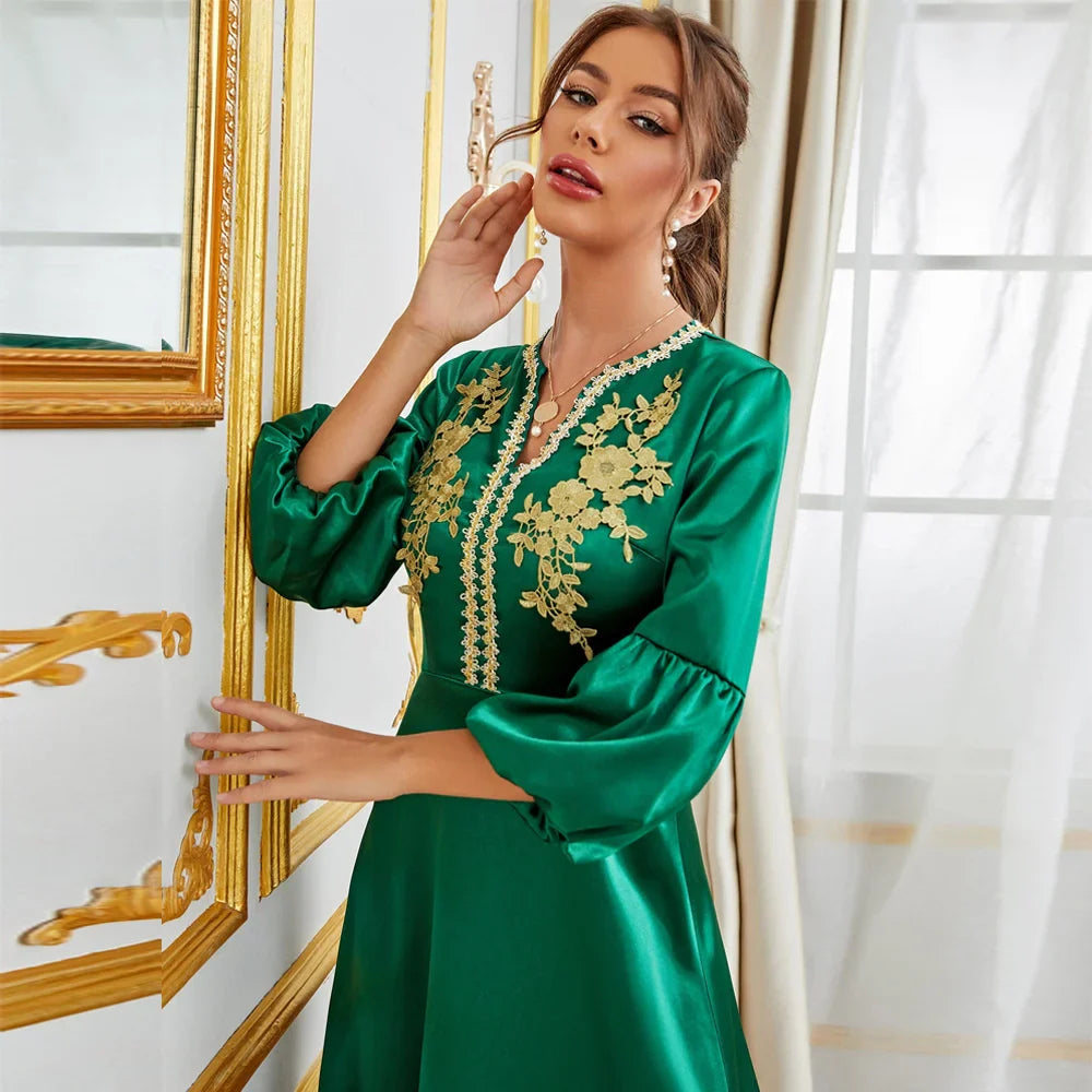 Moroccan Kaftan Caftan Wedding Green Puff Sleeves Muslim Women Party Decal Dress Dubai Arab Middle East Abaya For Women Clothing