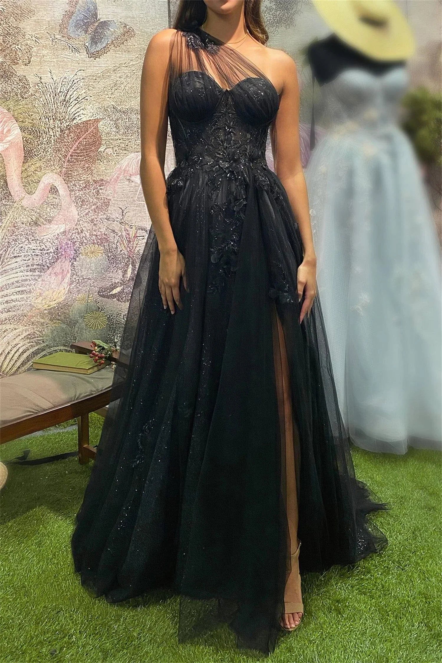 Sparkling Tulle A-line Prom Dress Dark Blue Evening Dress Sexy One Shoulder Side Split فستان سهرة Princess Party Dress