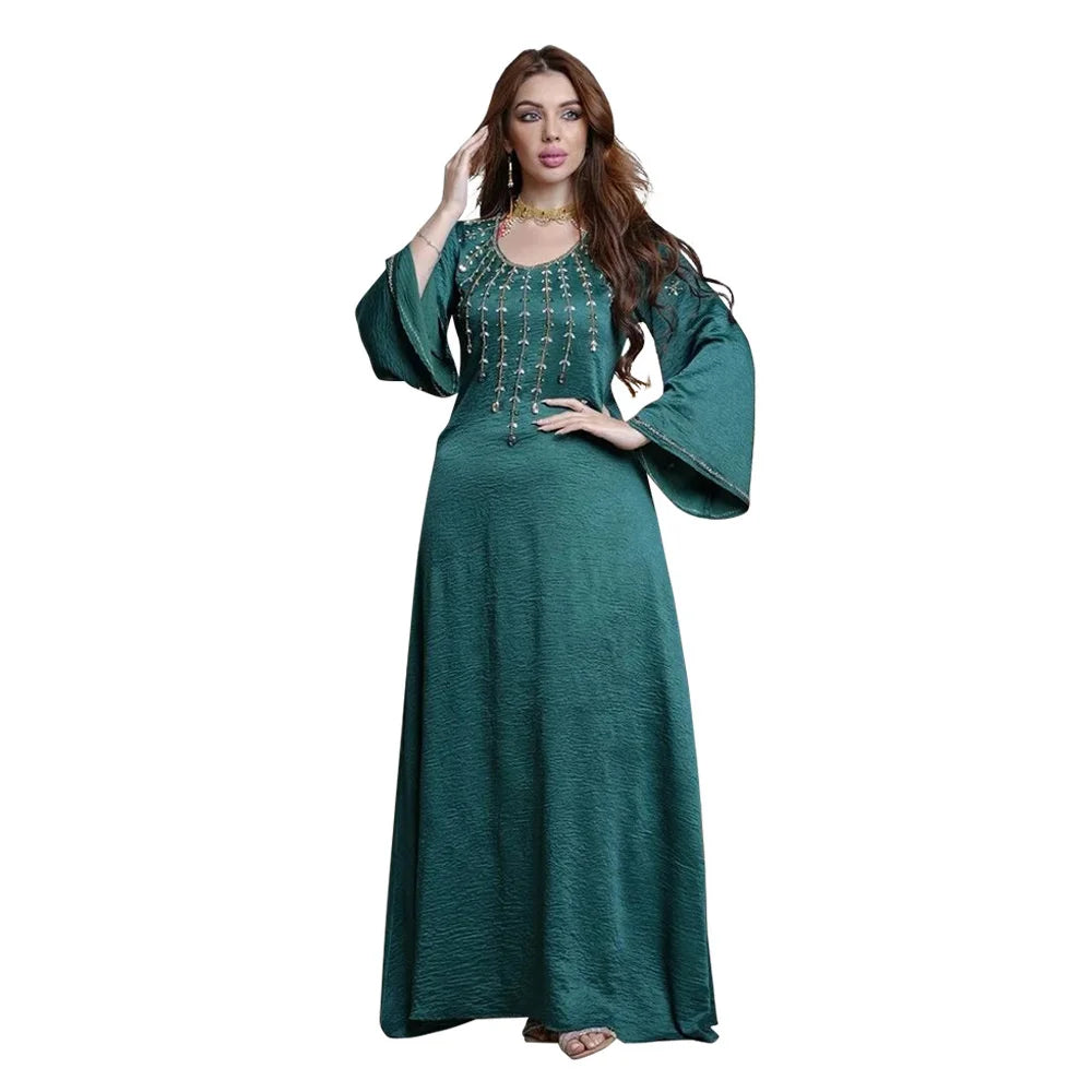 Muslin Dress Dubai Turkey New Dress Flare Sleeve With Diamond V-neck Loose Robe Ramadan Middle East Long Dress Elegant Evening green