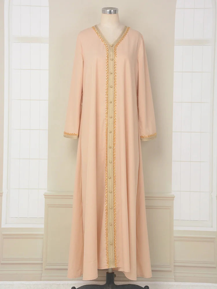 Long Dress For Prom V-neck Women Abaya Muslim Robe Gold Beaded Lace Simple Fashion Dress with Belt Casual Dubai Arab Kaftan