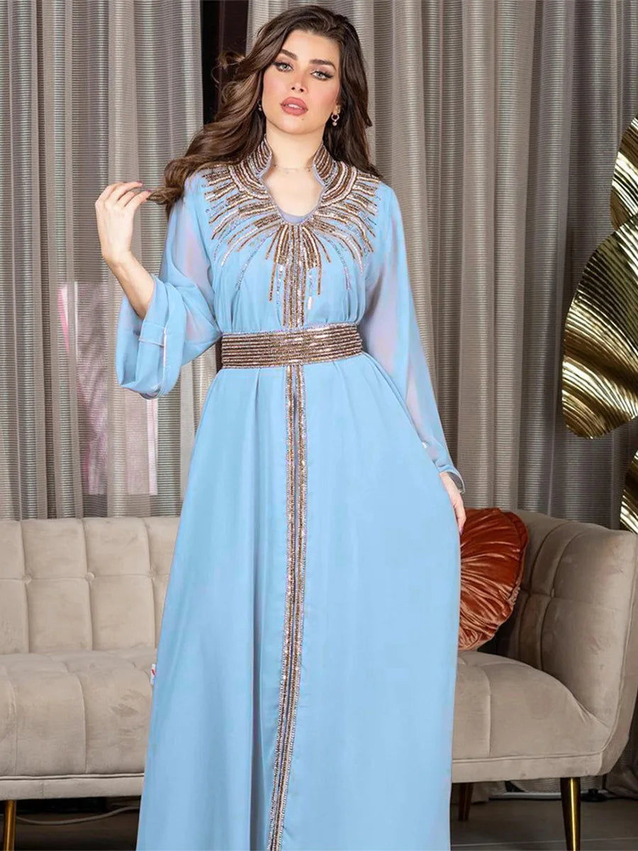 Arab Robe Fashion Middle East Muslim Kaftan Dubai Hot Fix Diamond Party Evening Dresses for Women Notched Stand Collar Blue Dress