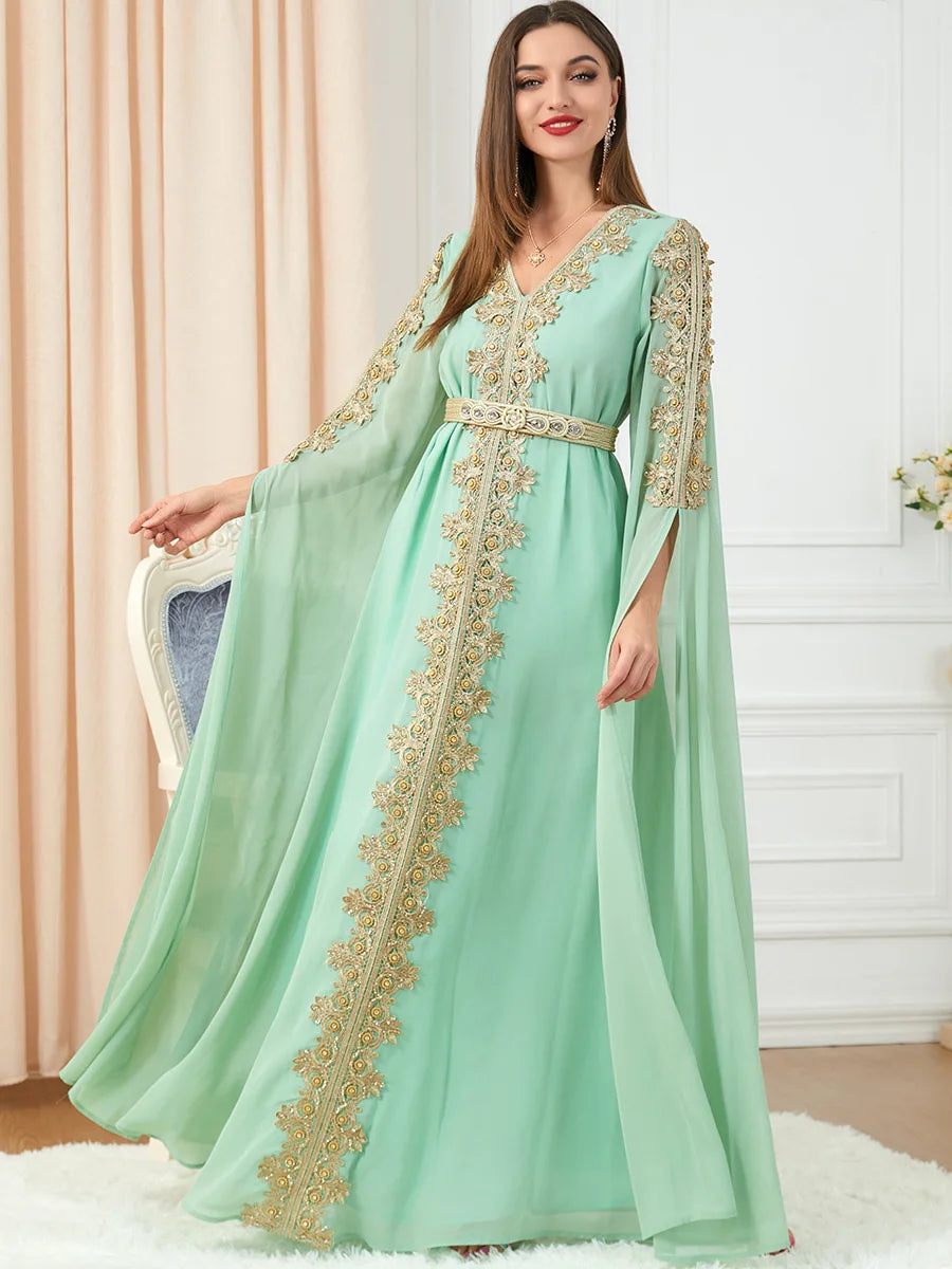 Ramadan Abaya Muslim Woma V-Neck Long Sleeve Chiffon Dress Floral Embroidery Lace Panel Belted Robe Moroccan Caftan Turkey Light Green Abaya